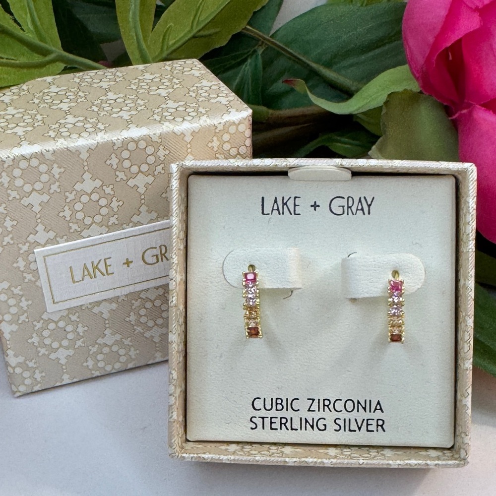 Lake and Gray Ombré Pink CZ and Sterling Silver/Gold Tone Earrings